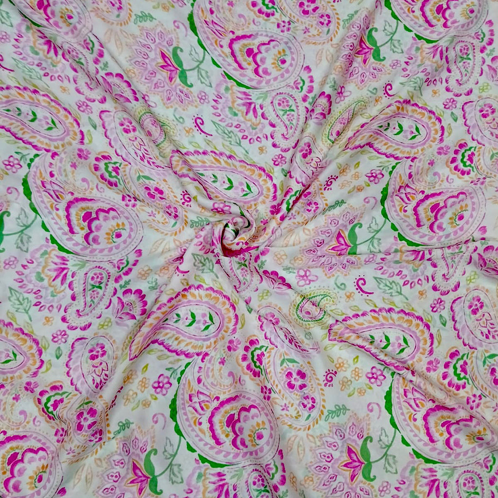 Cream & Pink Paisley Floral Print on Satin Georgette OM RS