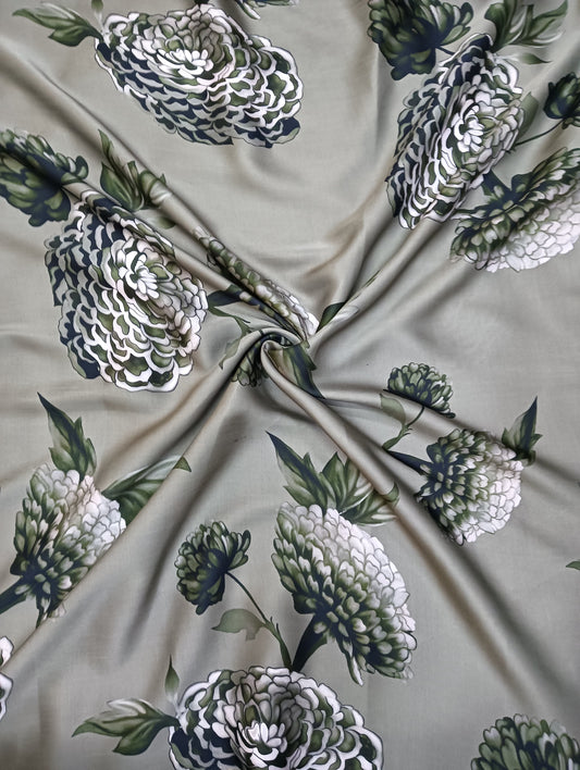 Olive Green Big Floral Gazal Cord Print on Pure Modal Satin & Satin Georgette OM SG 134