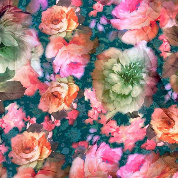 Big Multi Floral Print in Firozi Base color on Pure Modal Satin OM SG 239