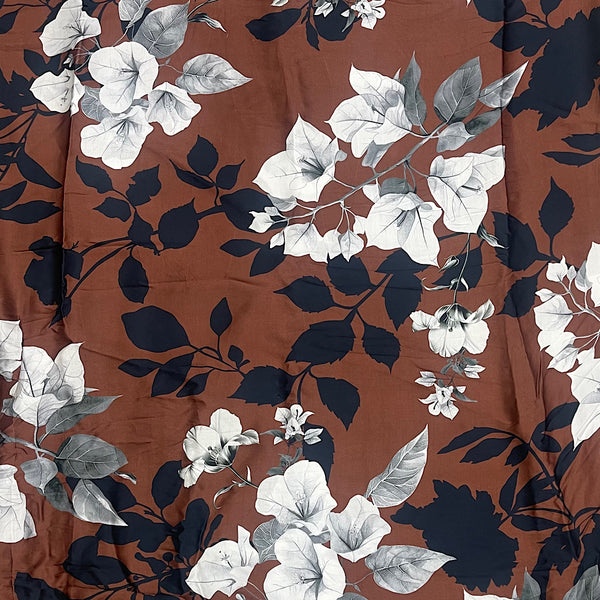 Aza New Floral Print with Brown Base with White Gray & Black Floral on Pure Modal Satin