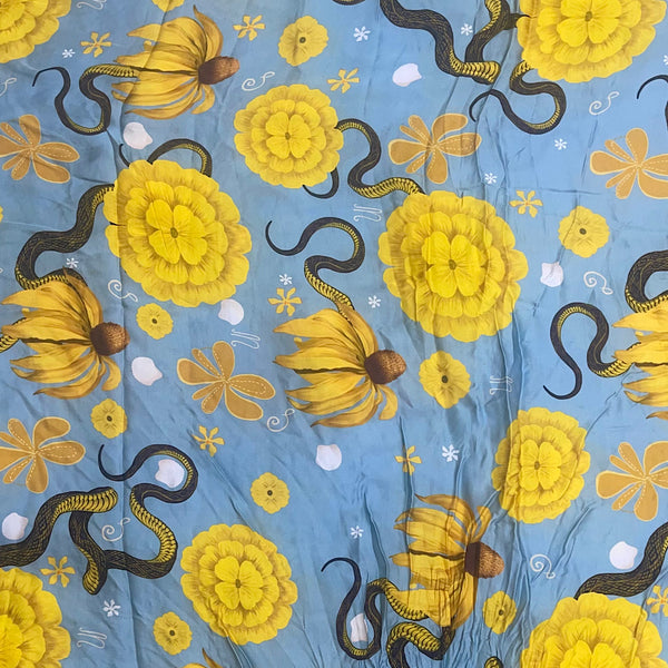 Shivan Yellow Floral & Snake Print in Dusty Blue Color on Pure Modal Satin Fabric