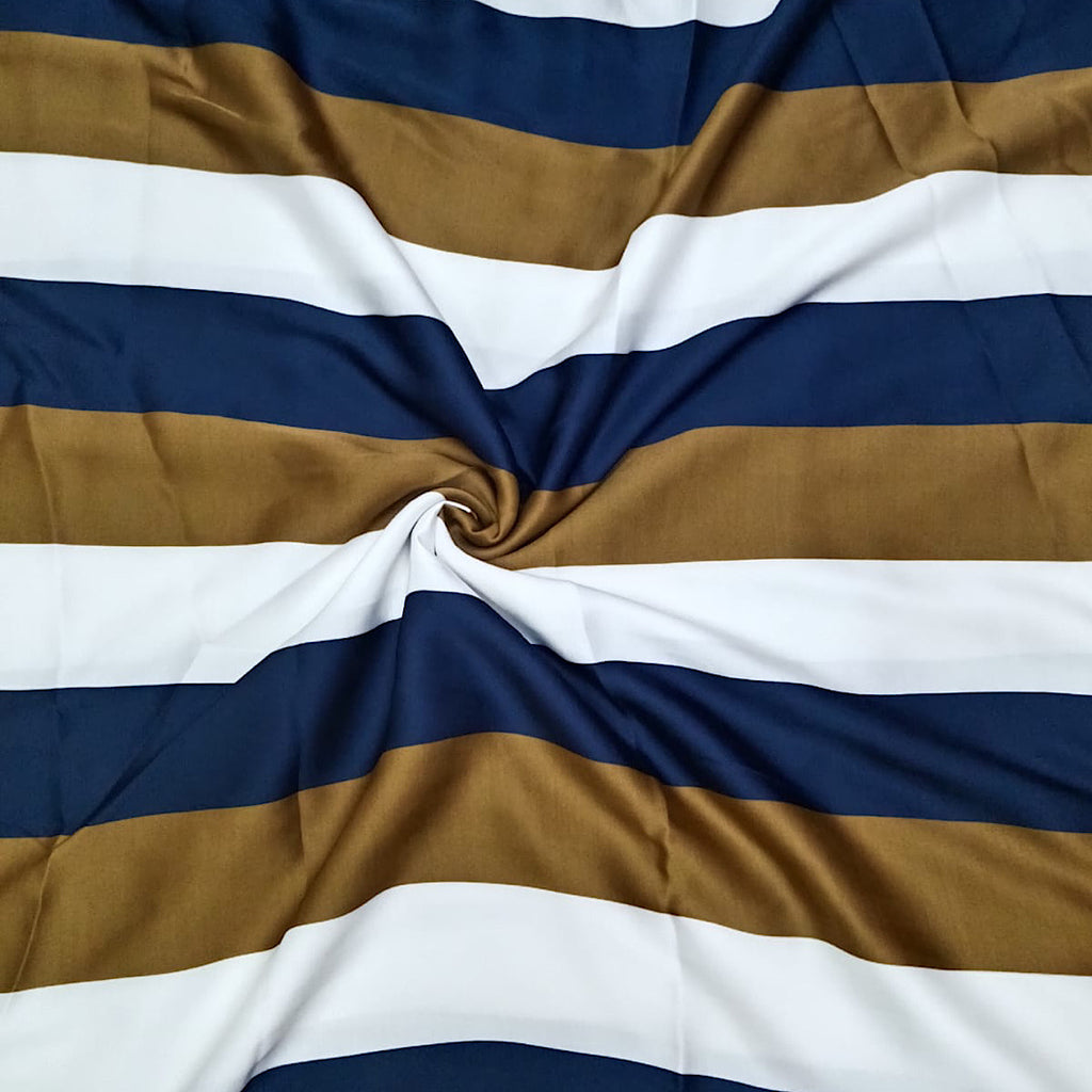 Roshni Thick Stripes Print in Mustard, Blue & Ivory color on Pure Modal Satin