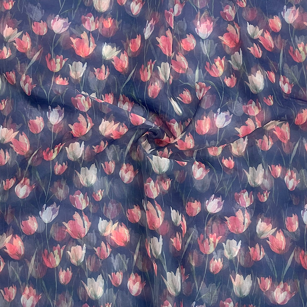 Navy Blue Poppy Floral Print on Soft Organza
