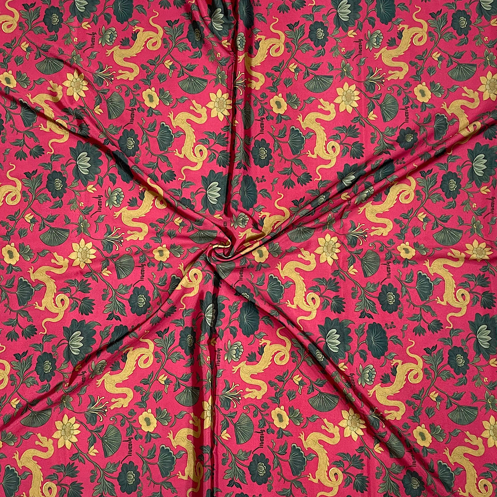 Kareena Dragon Flower Print with Pink Color Base on Pure Natural Crepe