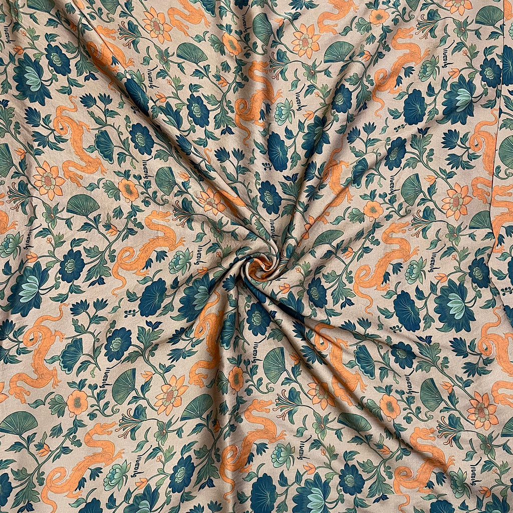 Kareena Dragon Flower Print with Black Base on Pure Modal Satin & Crepe