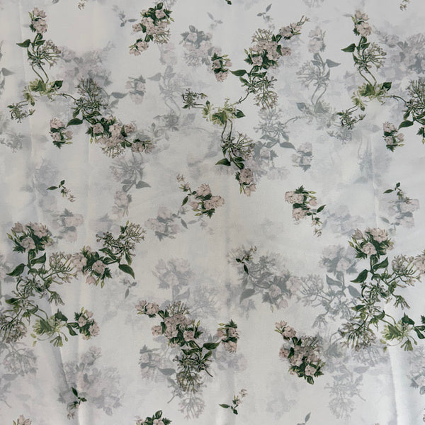 Green & White Floral Bunch on Ivory White Base on Georgette Fabric RY 43