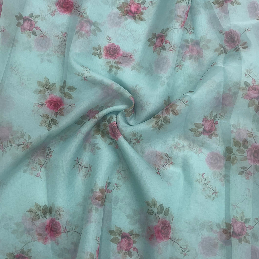Light Blue Rose Print on Soft Organza
