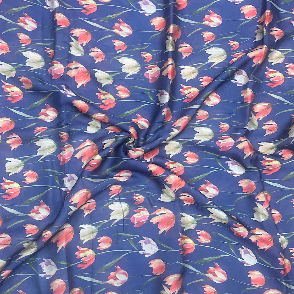 Navy Blue Poppy Floral Print on Soft Organza OM PS 307 C1