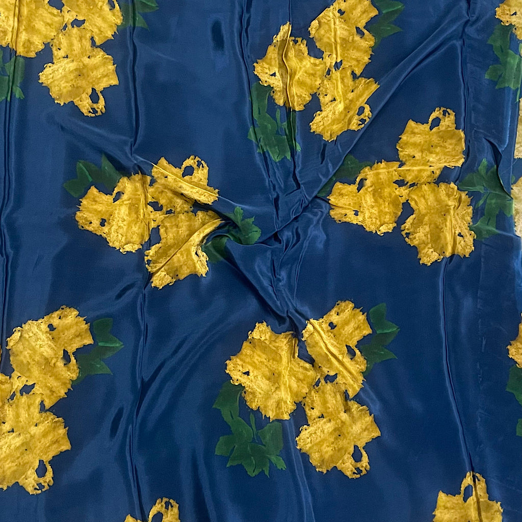 Bhumika Print with Blue Base color & Mutard Flower on Pure Natural Crepe