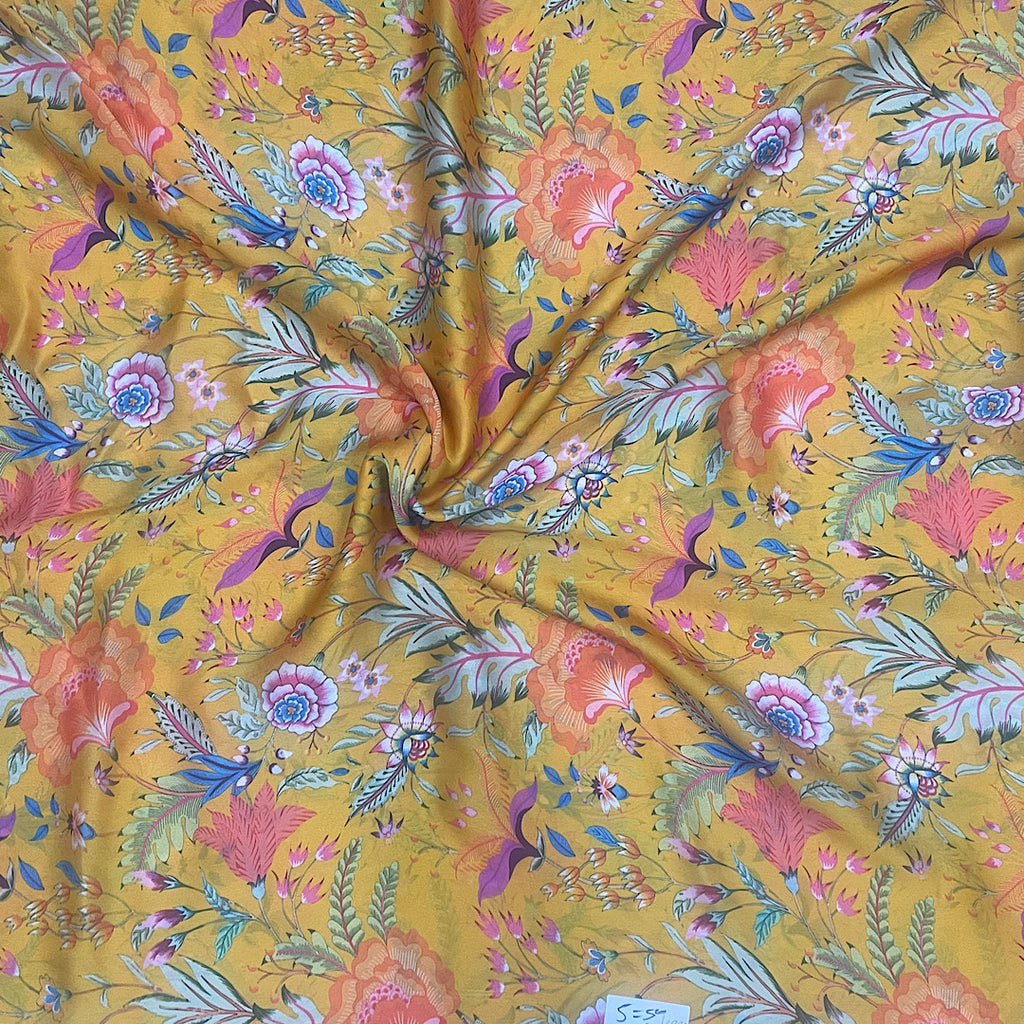 Yellow Floral Print on Satin Georgette Fabric OM TK 374