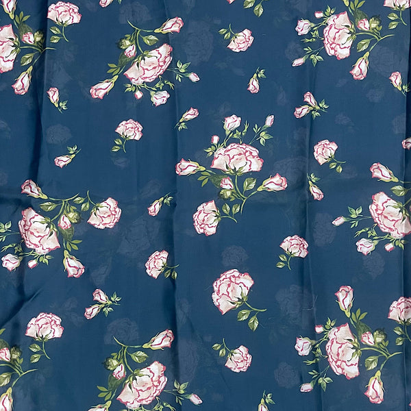 Rose Flower Print on Blue Color Base on Satin Georgette OM SG 186