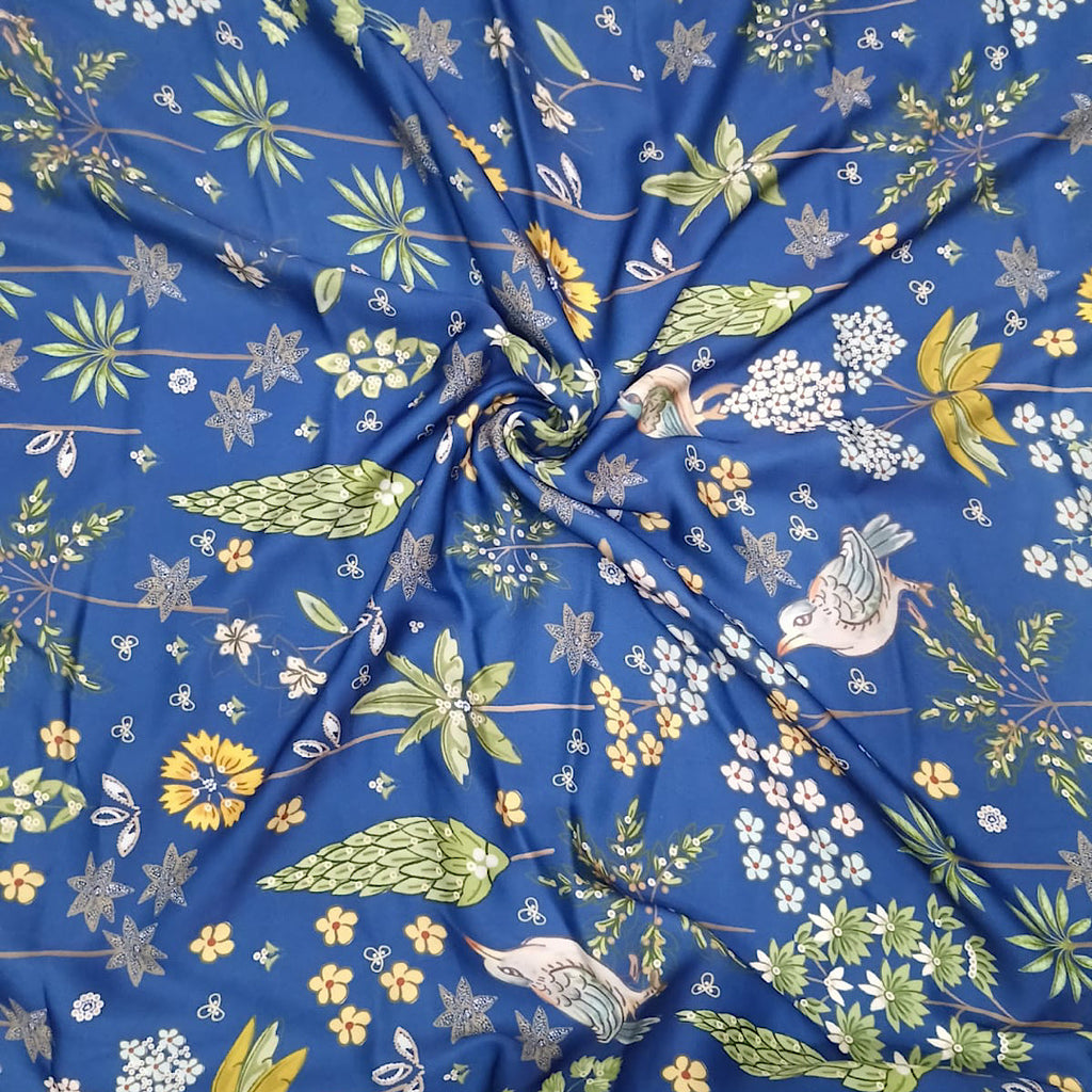 Anita Bird & Floral Small Print in Blue Color on Armani Satin Fabric