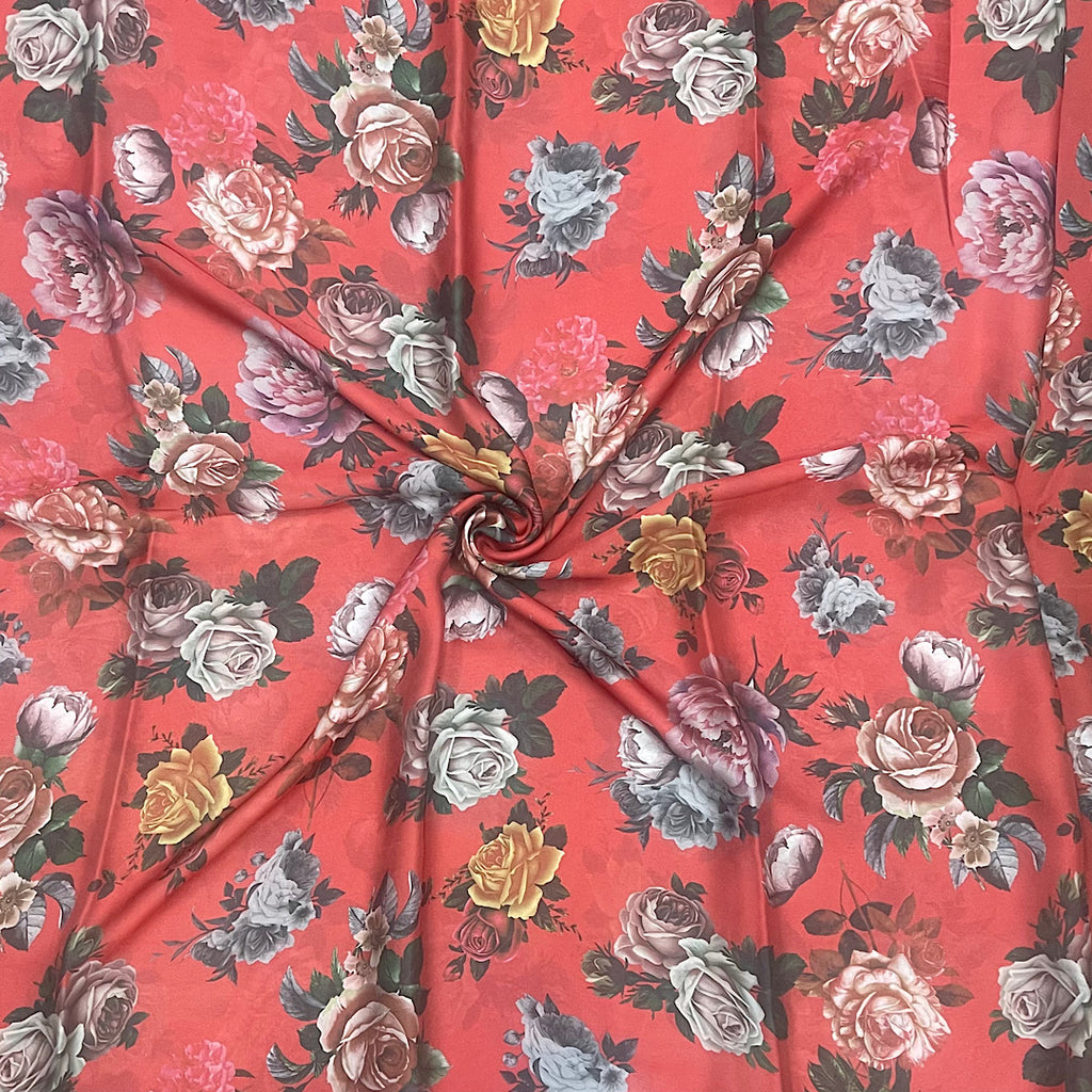 Red with Multi Color Floral Print on Satin Georgette OM SG 108