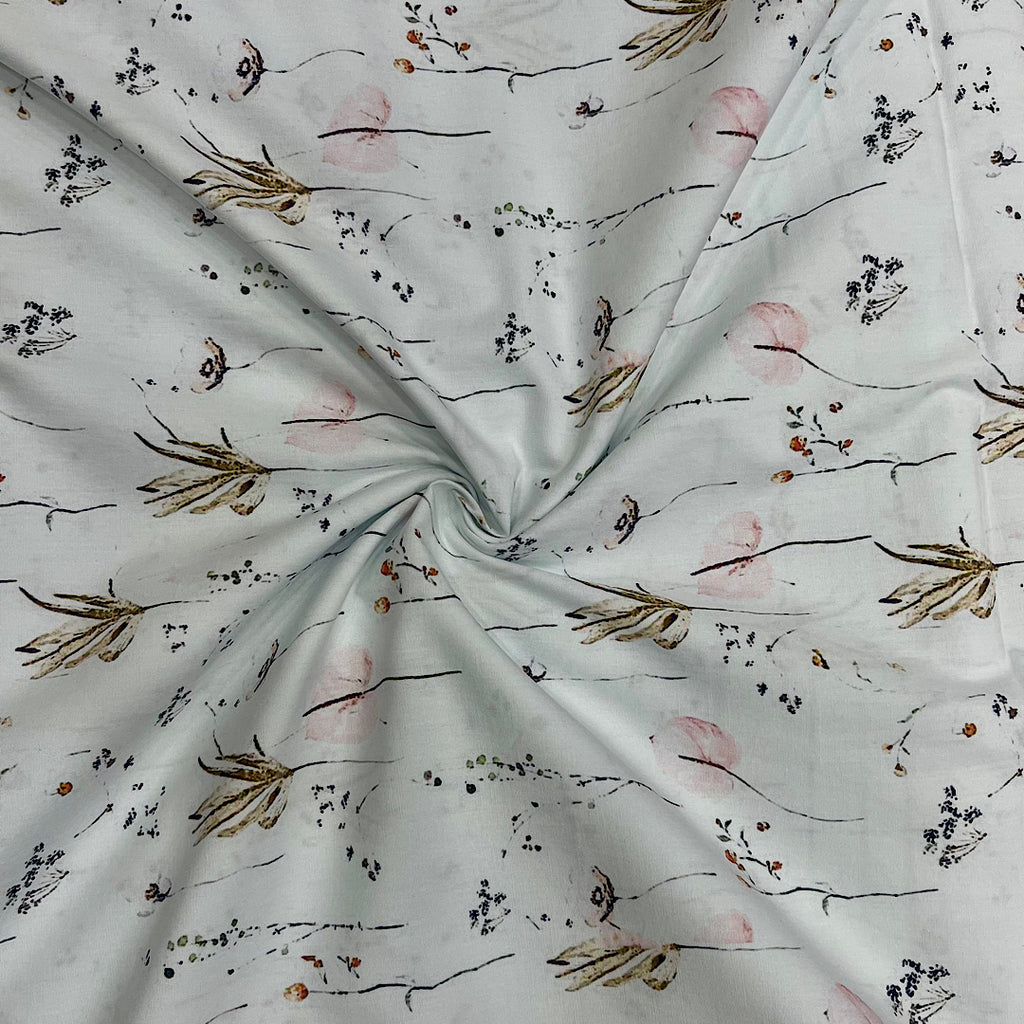 Small English Floral Print on White Base in Pure Cotton Poplin Fabric