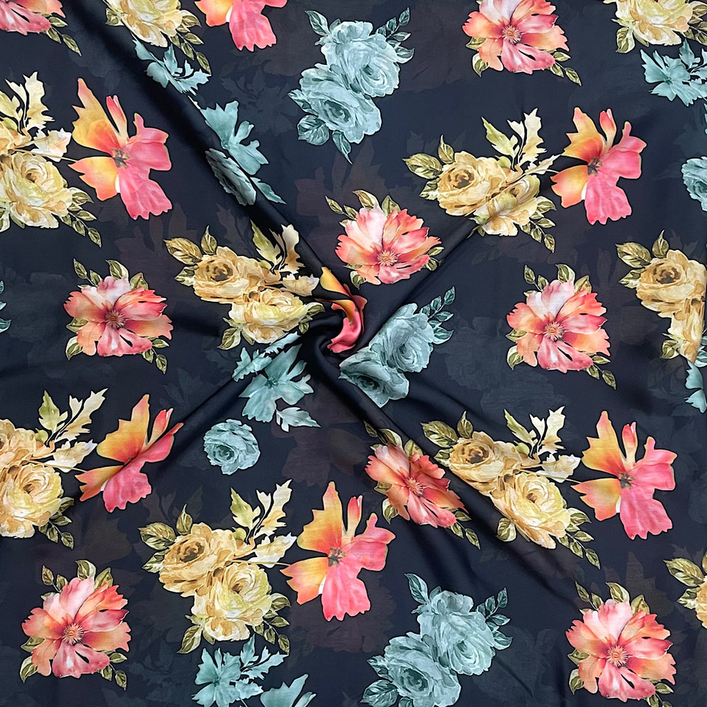 Multi Floral Print with Black Base on Satin Georgette