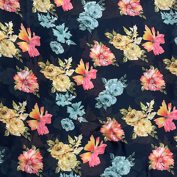 Multi Floral Print with Black Base on Satin Georgette