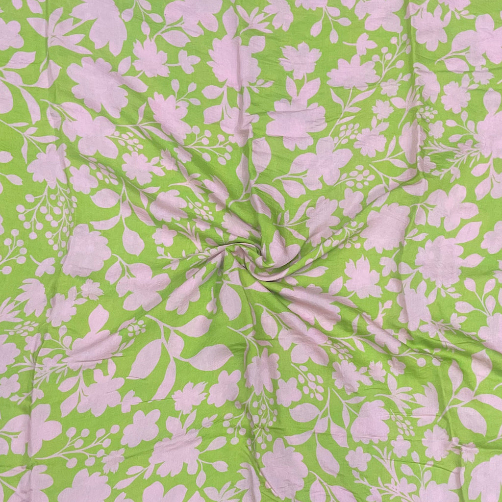 Two Colour Floral Print Pattern with Green Base & Light Pink Floral in Pure Viscose Muslin & Satin Georgette OM SS 633