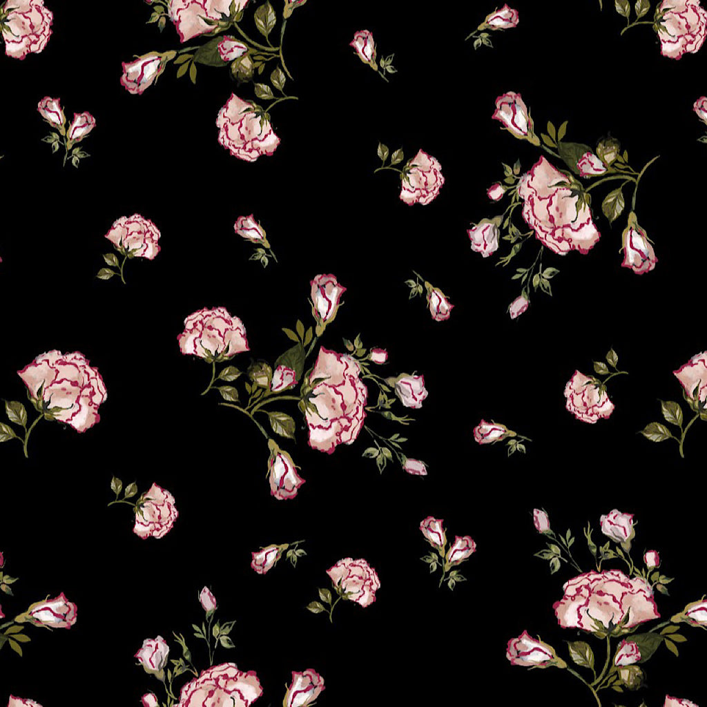 Rose Flower Print on Black Base on Georgette Fabric OM SG 186