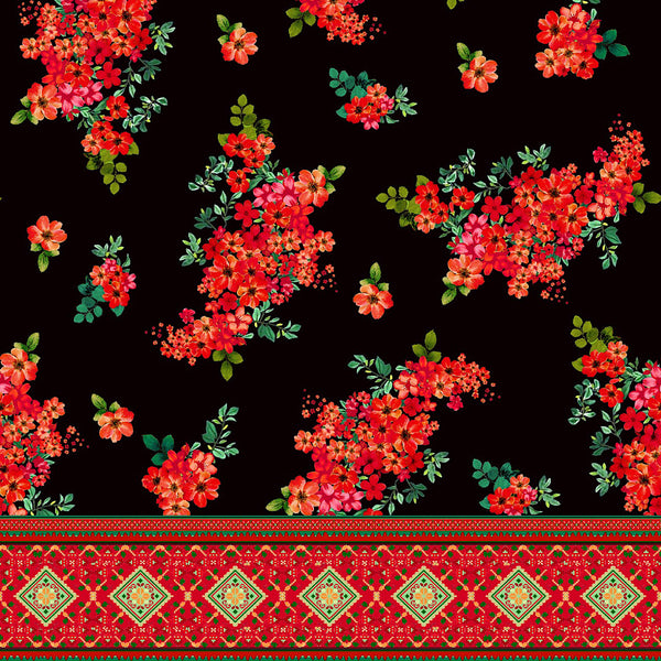Floral Print in Pure Cotton with Black Base & Red Orange Floral OM PK 1502