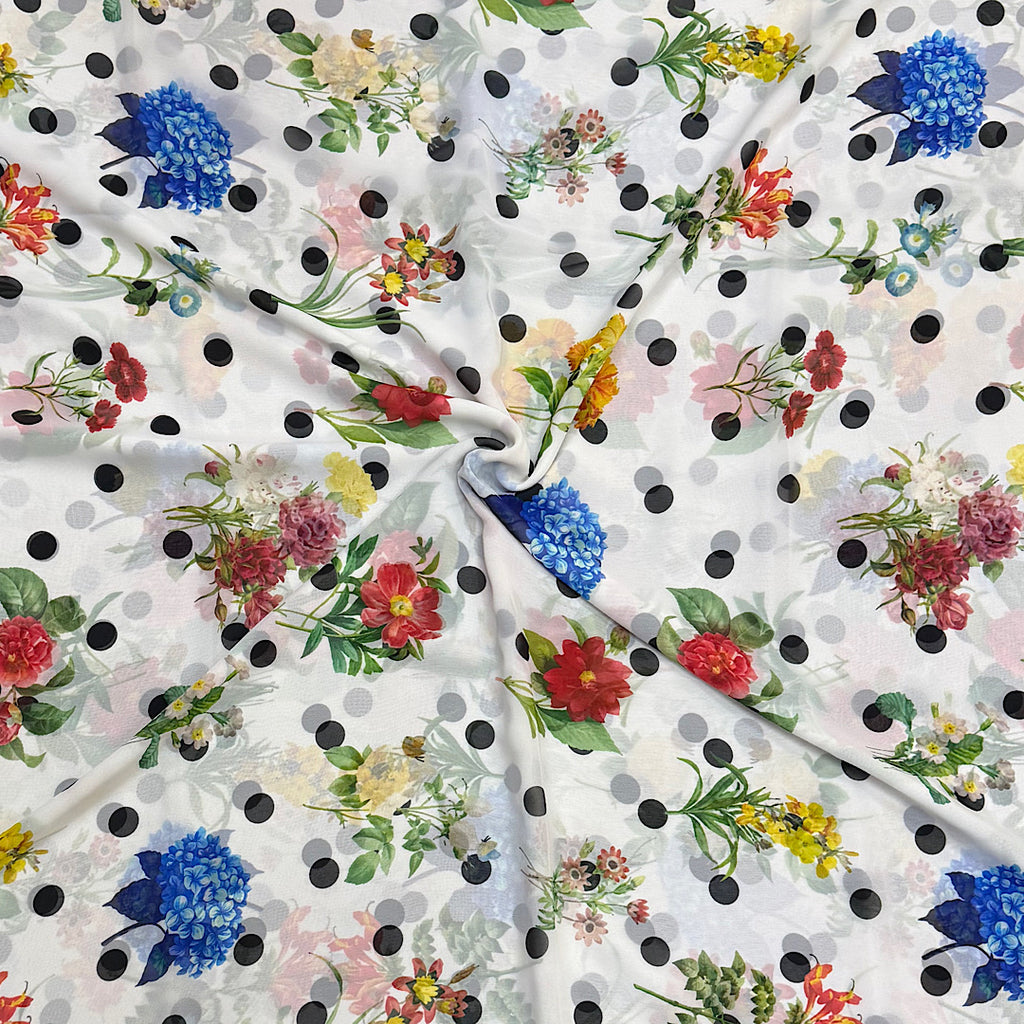 Kangana Floral Plus Polka Dot Fusion Print With White Base, Black Dots & Multi Color Flower on Georgette OM PS 396