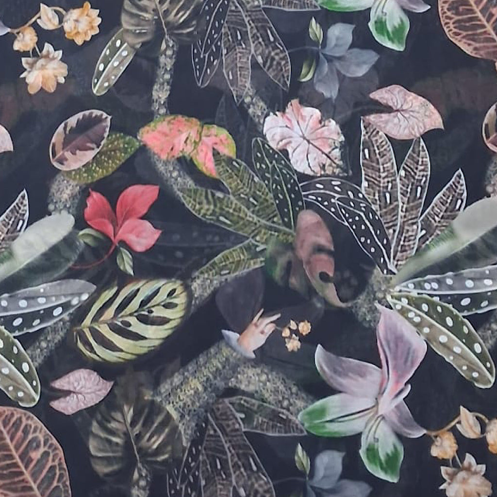 Black Leaves & Floral Print on Georgette Fabric OM VJ 22