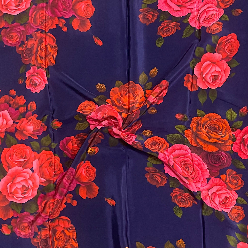 Floral Print with Dark Purple Base Color on Pure Natural Crepe