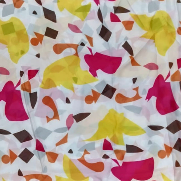 Kriti Abstract Print in White Base with Yellow & Red Motives on Satin Georgette Fabric