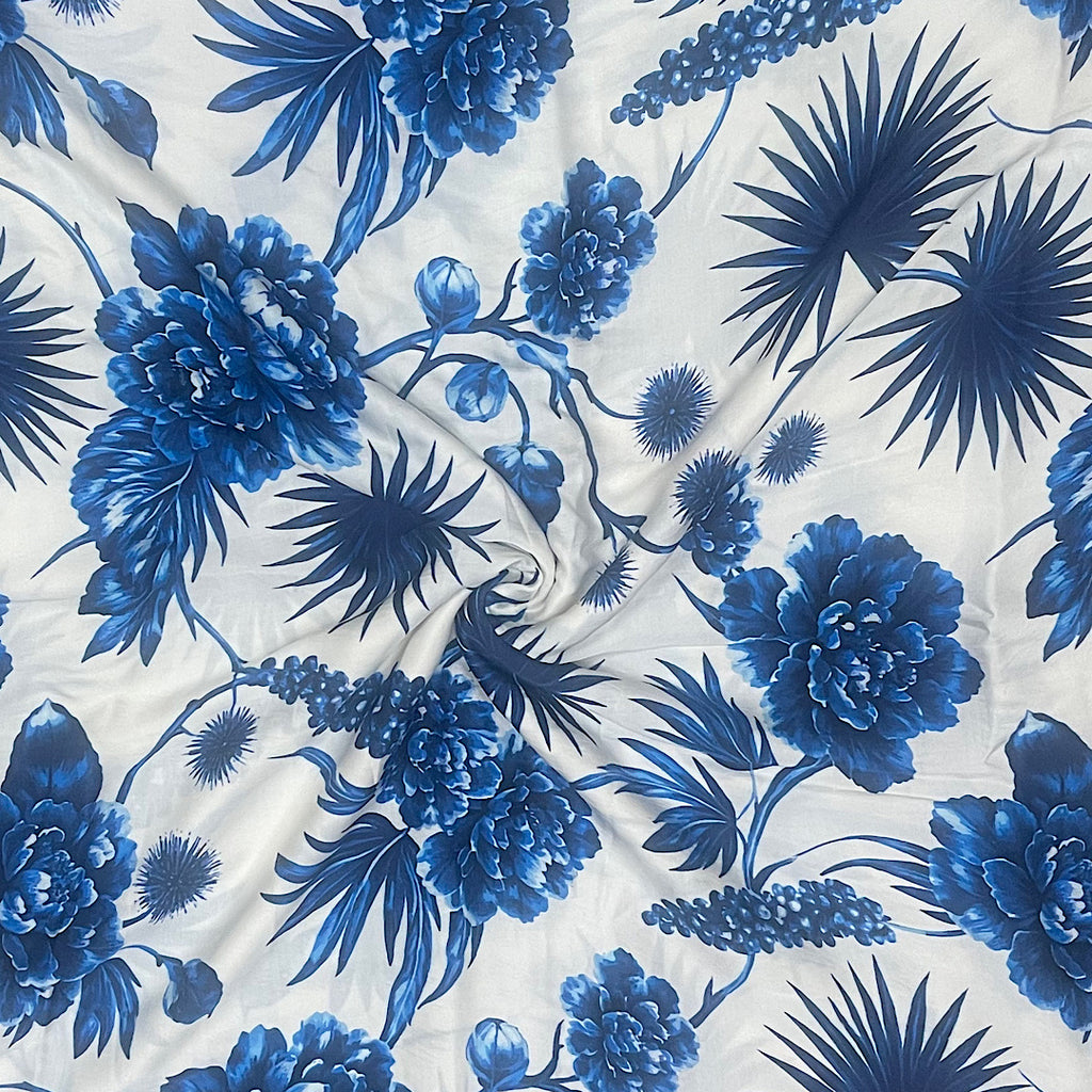 Shivan White with Blue Floral Print on on Pure Modal Satin Fabric OM SG 232