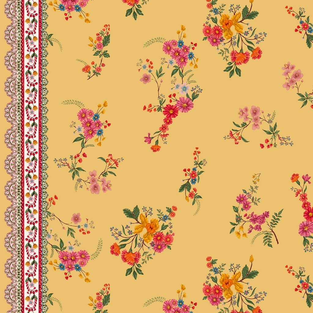 Traditional Floral Lace Border with Base Honey Mustard color Print on Pure Cotton Poplin OM SG 255