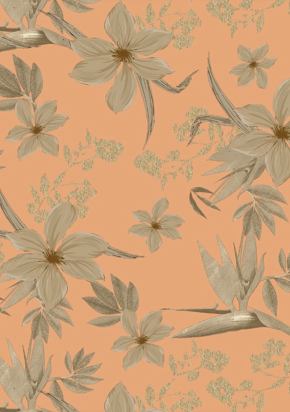 Peach Floral Print on Satin Linen PK 1513