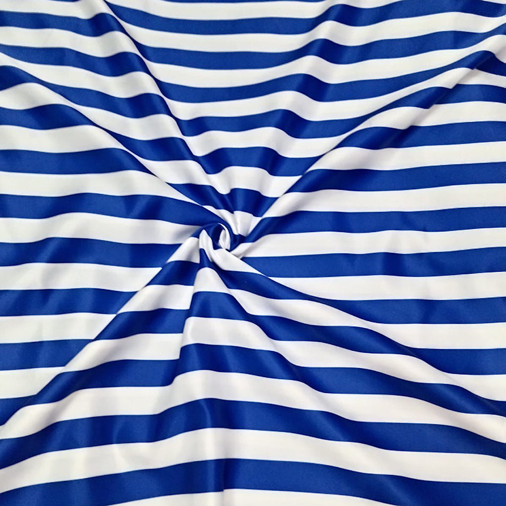 Blue & White 1 Inch Stripes Print on Pure Dull Satin