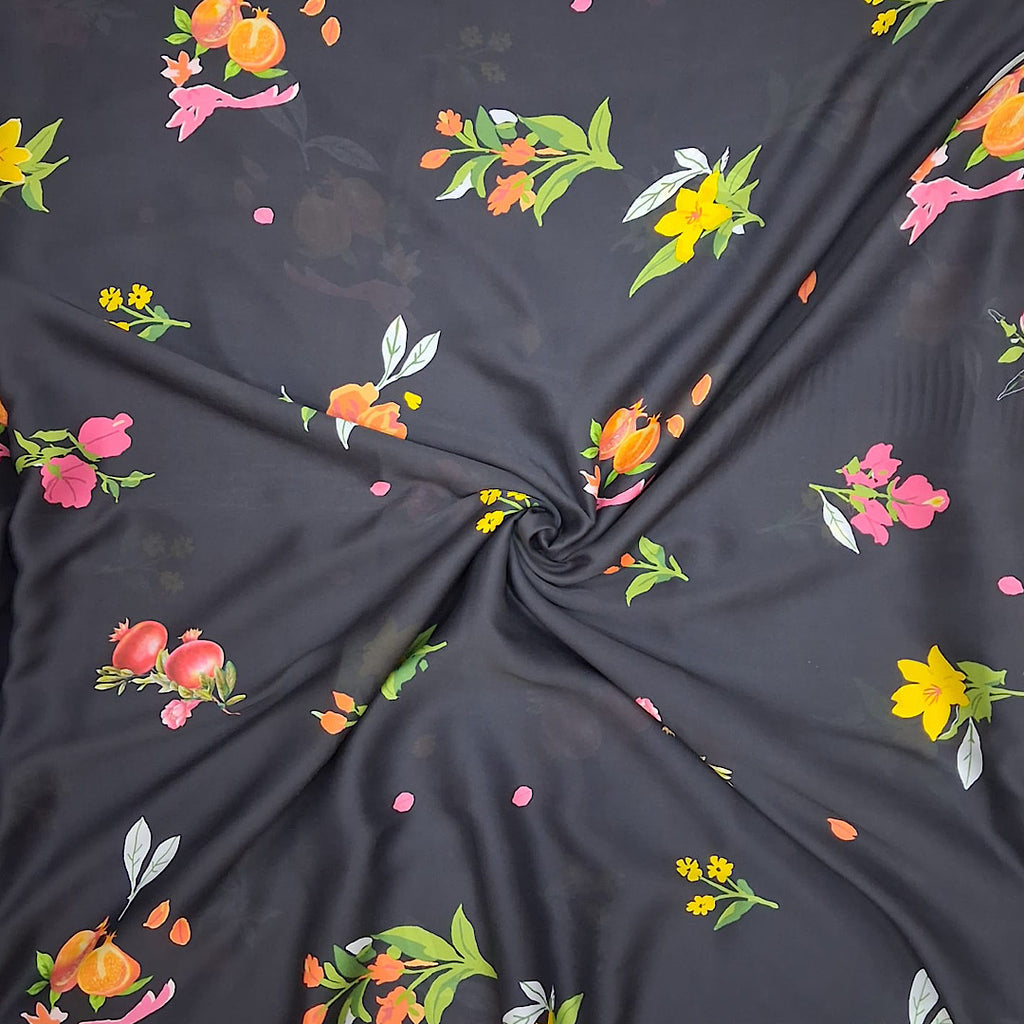 Black Small Floral Print with Pomegranate on Satin Georgette Fabric