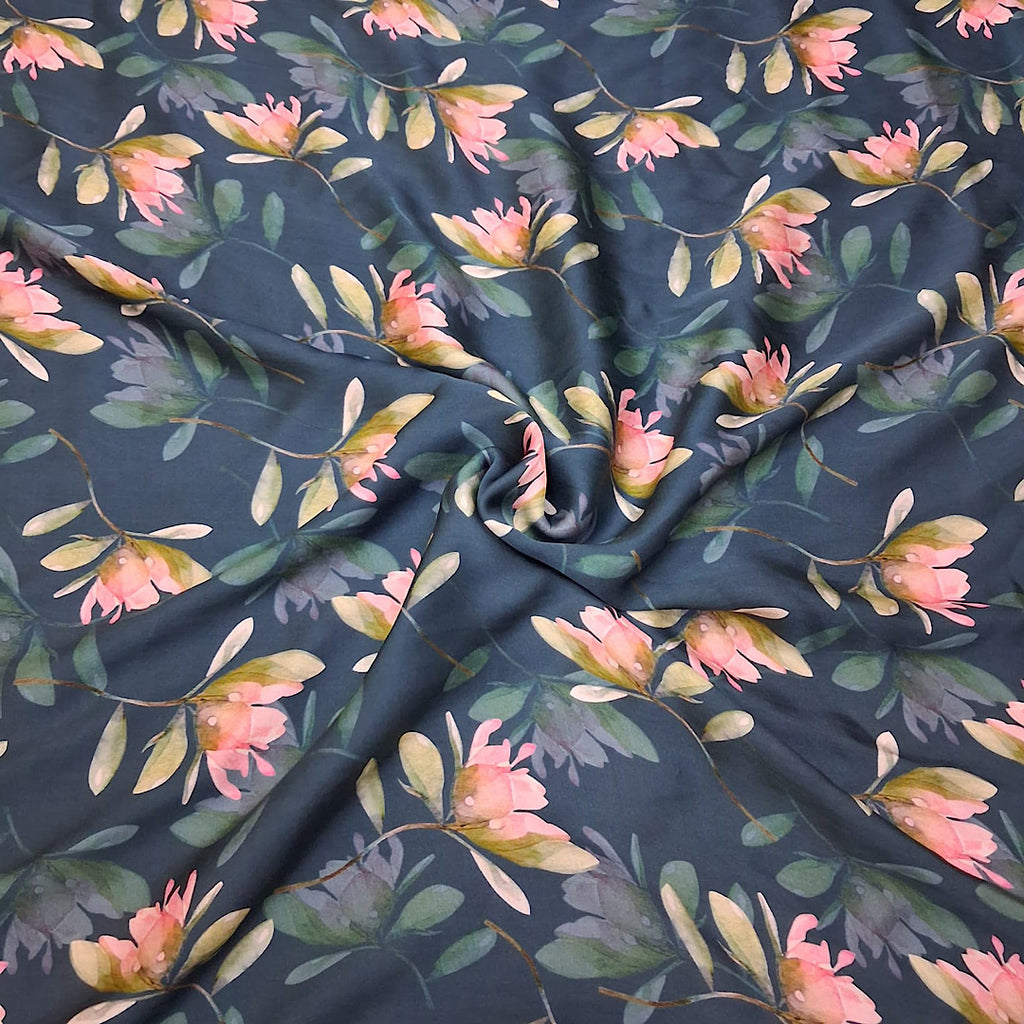Floral Print on Dark Blue Base on Pure Modal Satin OM SS 265