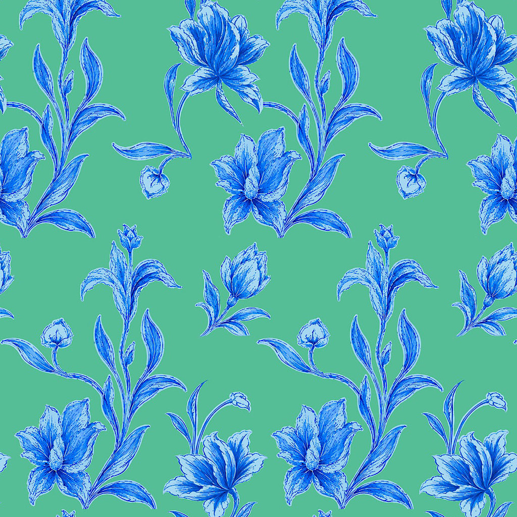 Rania Big Blue Floral Print on Green Base on Pure Lilly Muslin