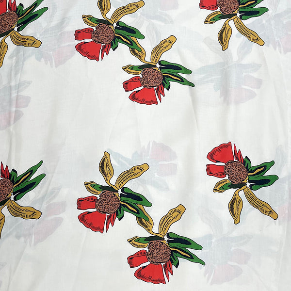 Sabya Print with White Base & Red Floral Design on Pure Satin Georgette