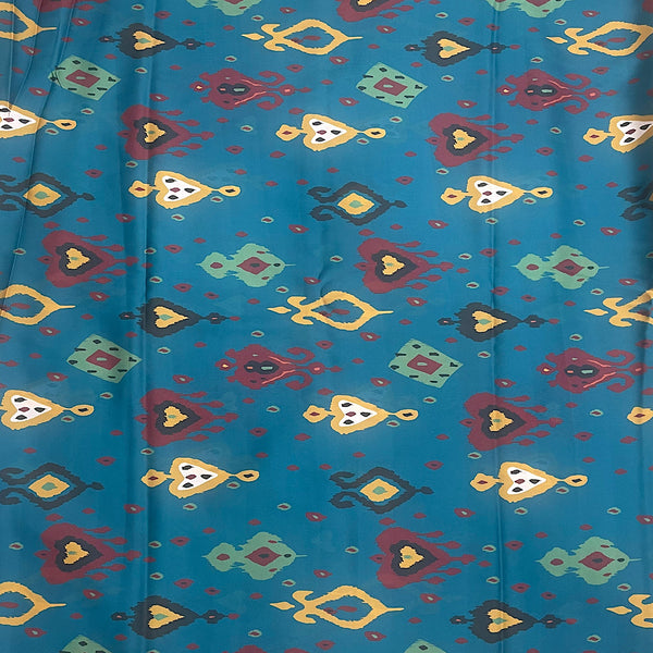 Raveena Kaftan Ikat Print with Peacock Blue Base on Pure Satin Georgette