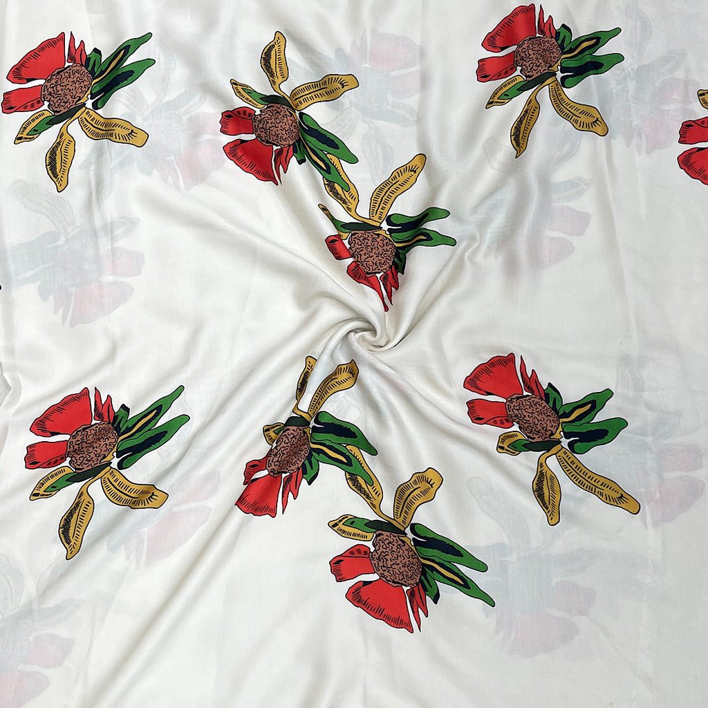 Sabya Print with White Base & Red Floral Design on Pure Satin Georgette