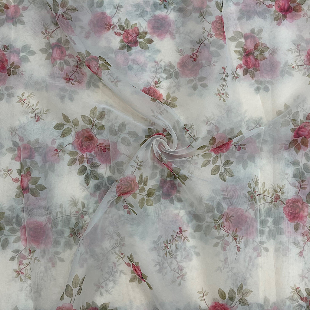Ivory White Rose Print on Soft Organza