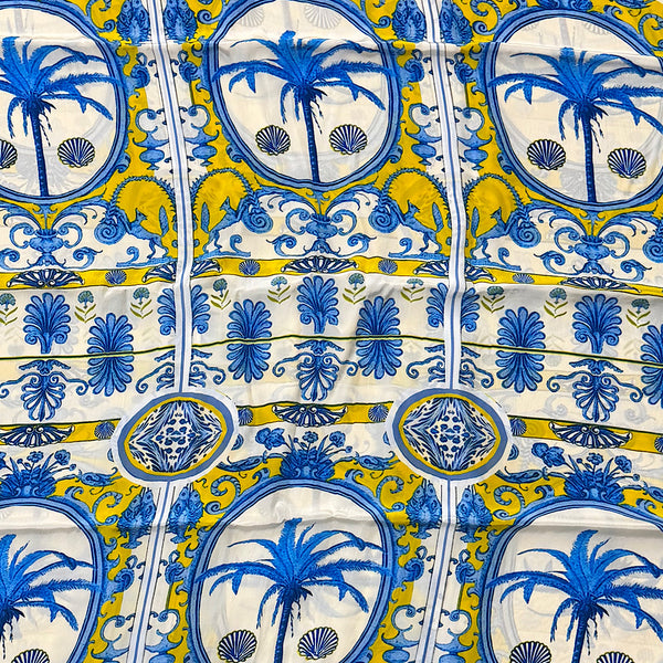 Modern Italian Summer Print in White & Yellow Base with Blue Motives on Pure Cotton Fabric OM PS 374