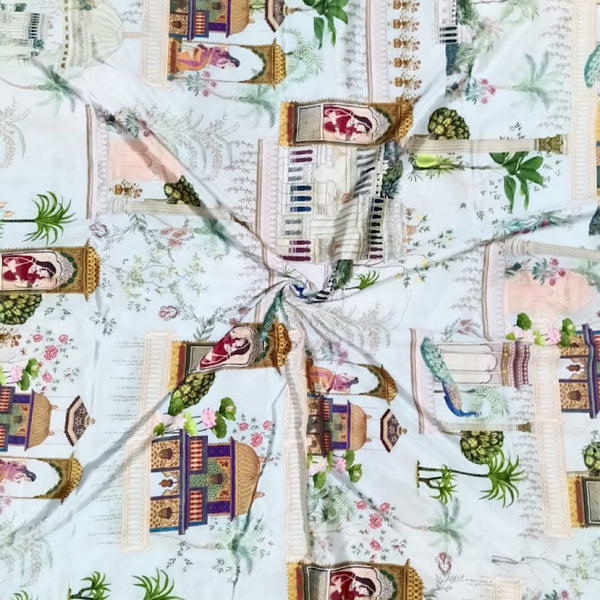 Tropical Print with woman in Arch & Peacock on Light Blue Base Color on Crepe Silk Fabric OM SS 809