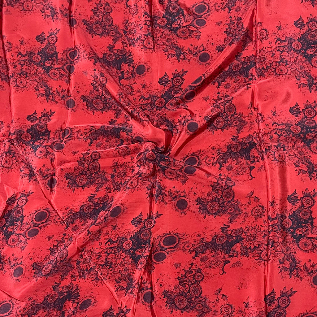 Bhumika Print with Red Base color & Black Flower on Pure Natural Crepe