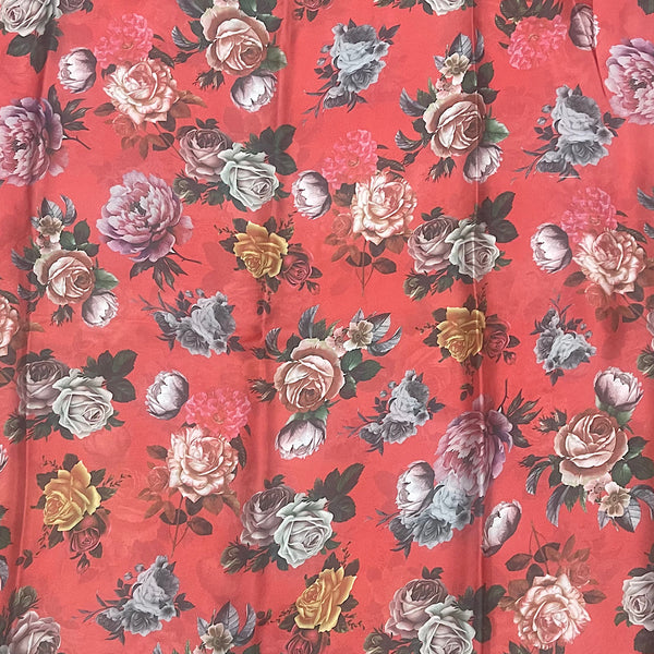 Red with Multi Color Floral Print on Satin Georgette OM SG 108
