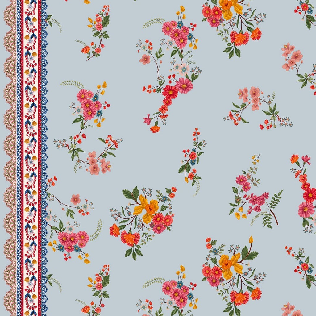 Traditional Floral Lace Border with Base Mist Blue  color Print on Pure Cotton Poplin OM SG 255 (Copy)