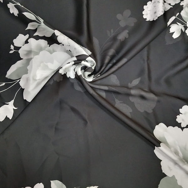Kajol Saree Black Print with White Big Floral on Pure Satin Georgette