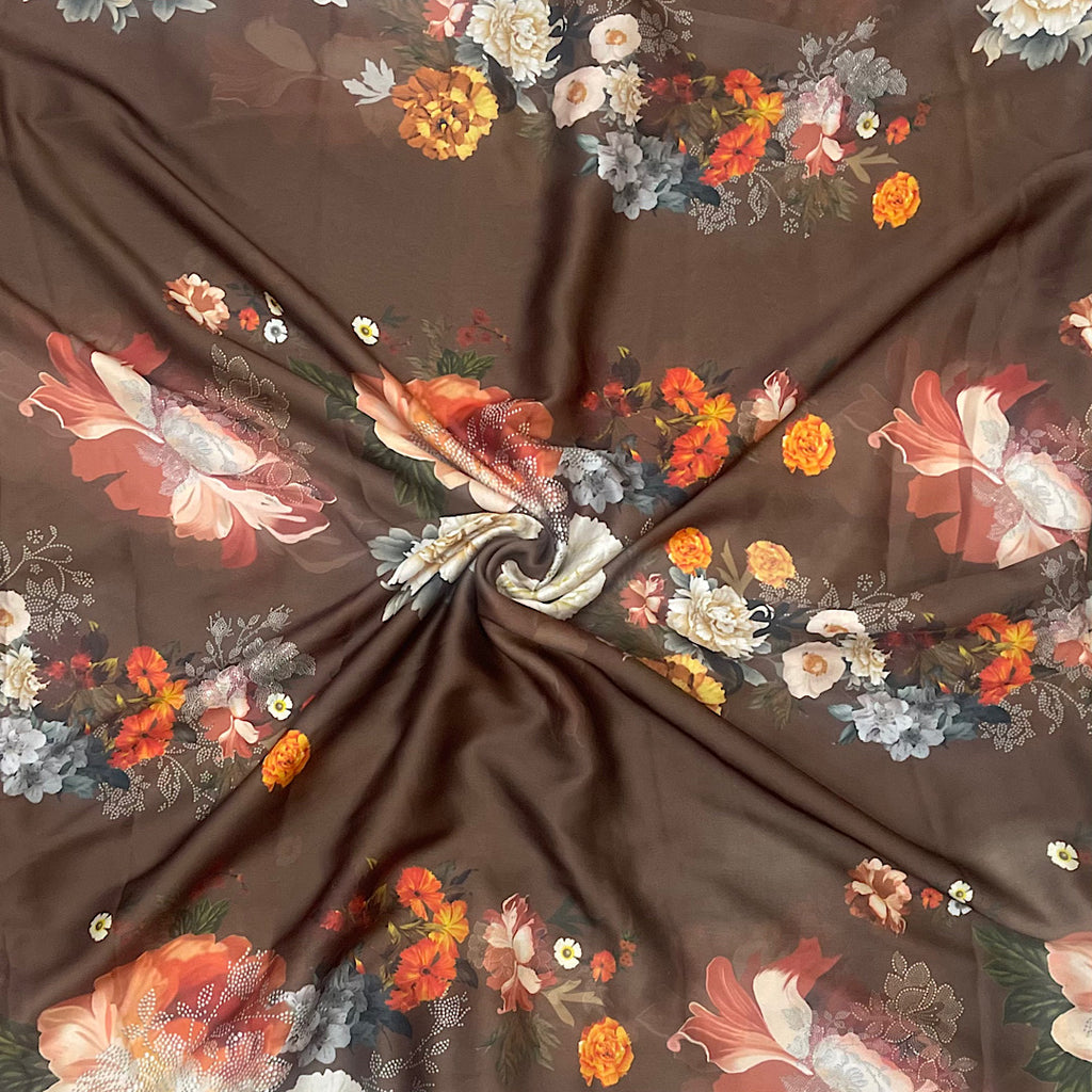 New Chocolate Brown Floral Print on Satin Georgette Fabric OM SG 110 C11