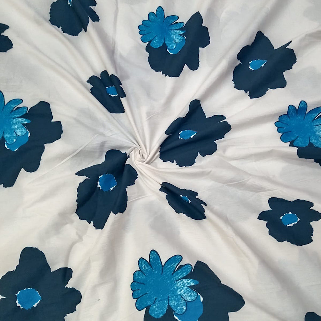 Dhruv Print with White Base & Blue Floral in Pure Cotton Poplin