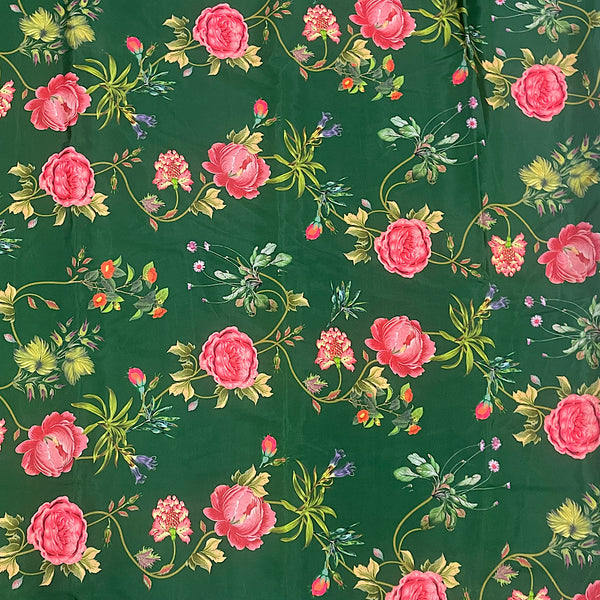 Gazal Floral Print on Green Base with Pink Flower on Crepe Silk