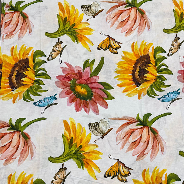 Big Size SunFlower Ivory White Floral Print on Pure Linen Cotton OM SG 117