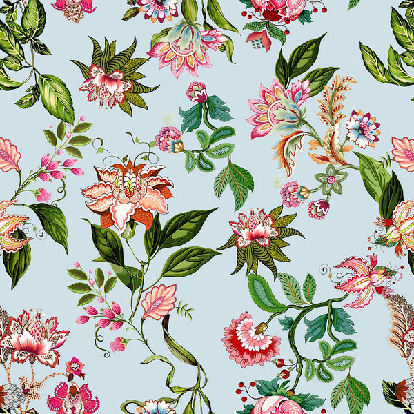 Mahima Floral Print on Light Blue Base with Pink & Green Flowers & Leaves on Georgette Fabric