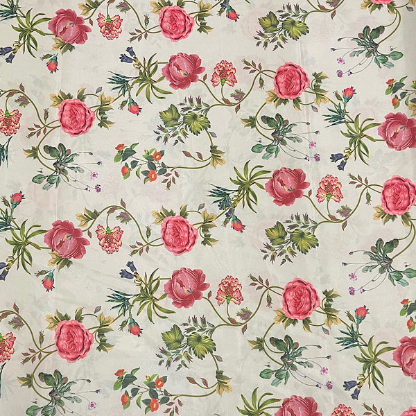 Gazal Floral Print on Beige Base with Pink Flower on Crepe Silk